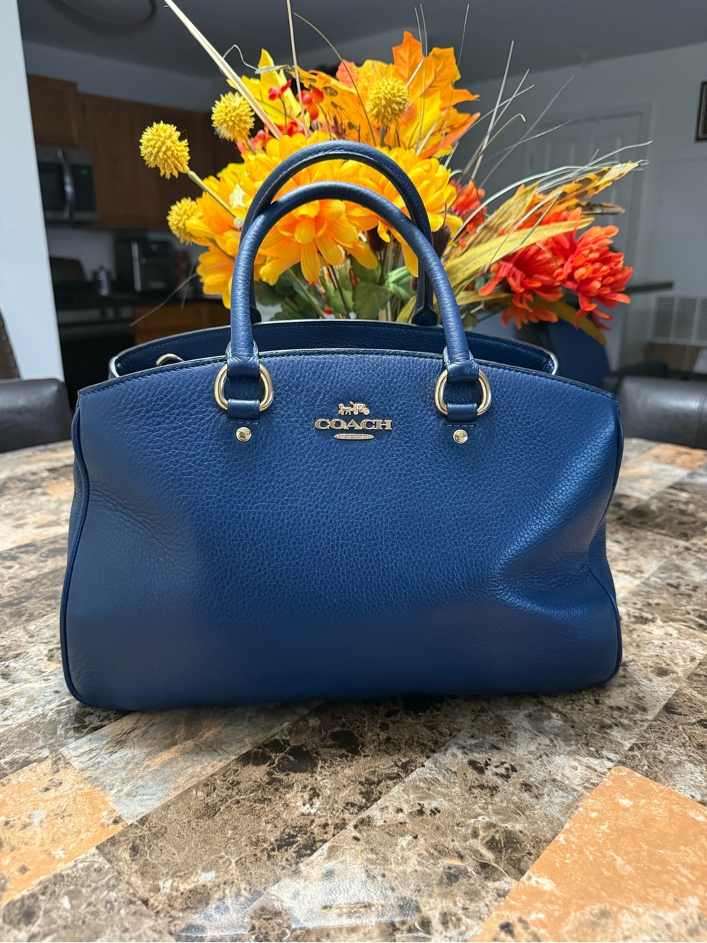 Coach Blue Leather Structured Satchel with Gold Accents